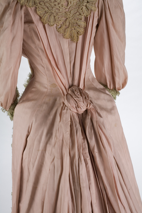 Image of Silk ball gown worn by Alsora Hayner Fry, with rhododendron design handpainted by Jessie Elliot, 1893